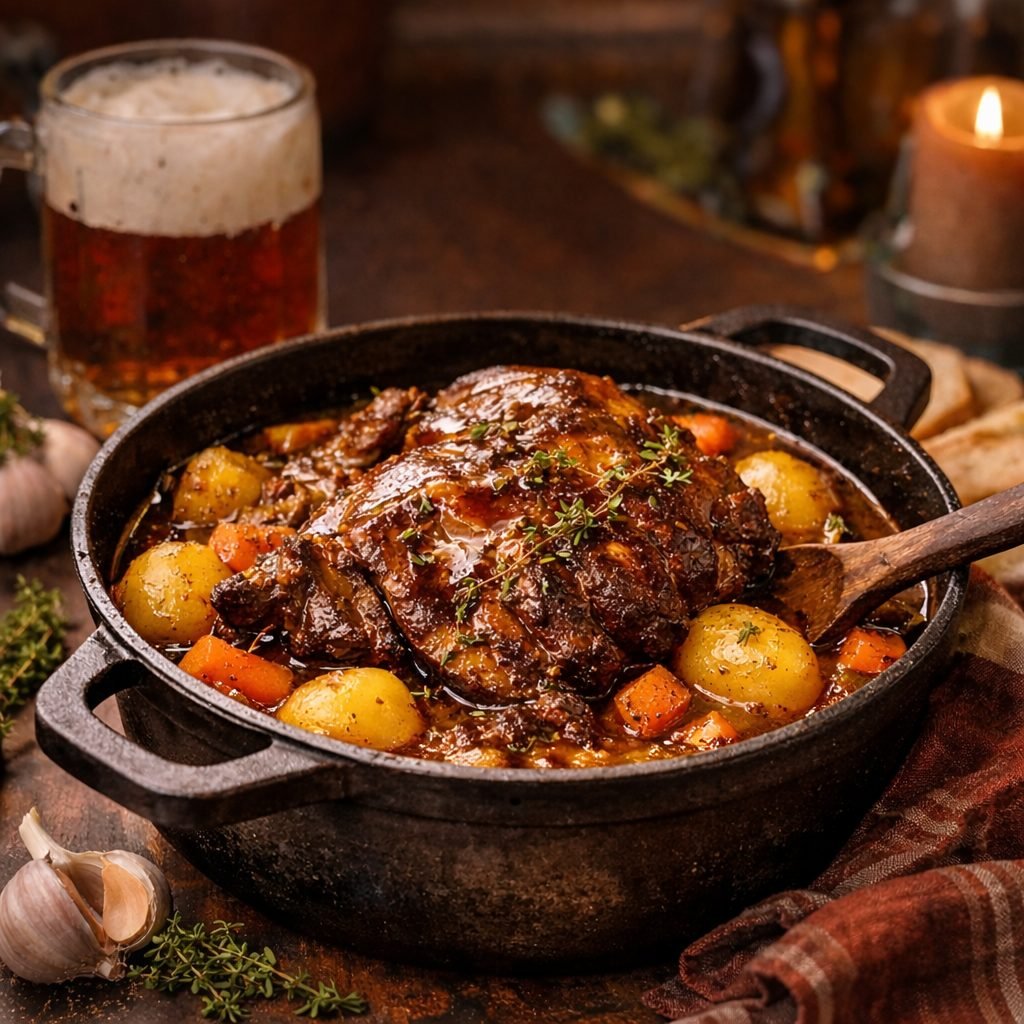 Agneau mijoté à la bière ambrée avec carottes et pommes de terre dans une cocotte en fonte