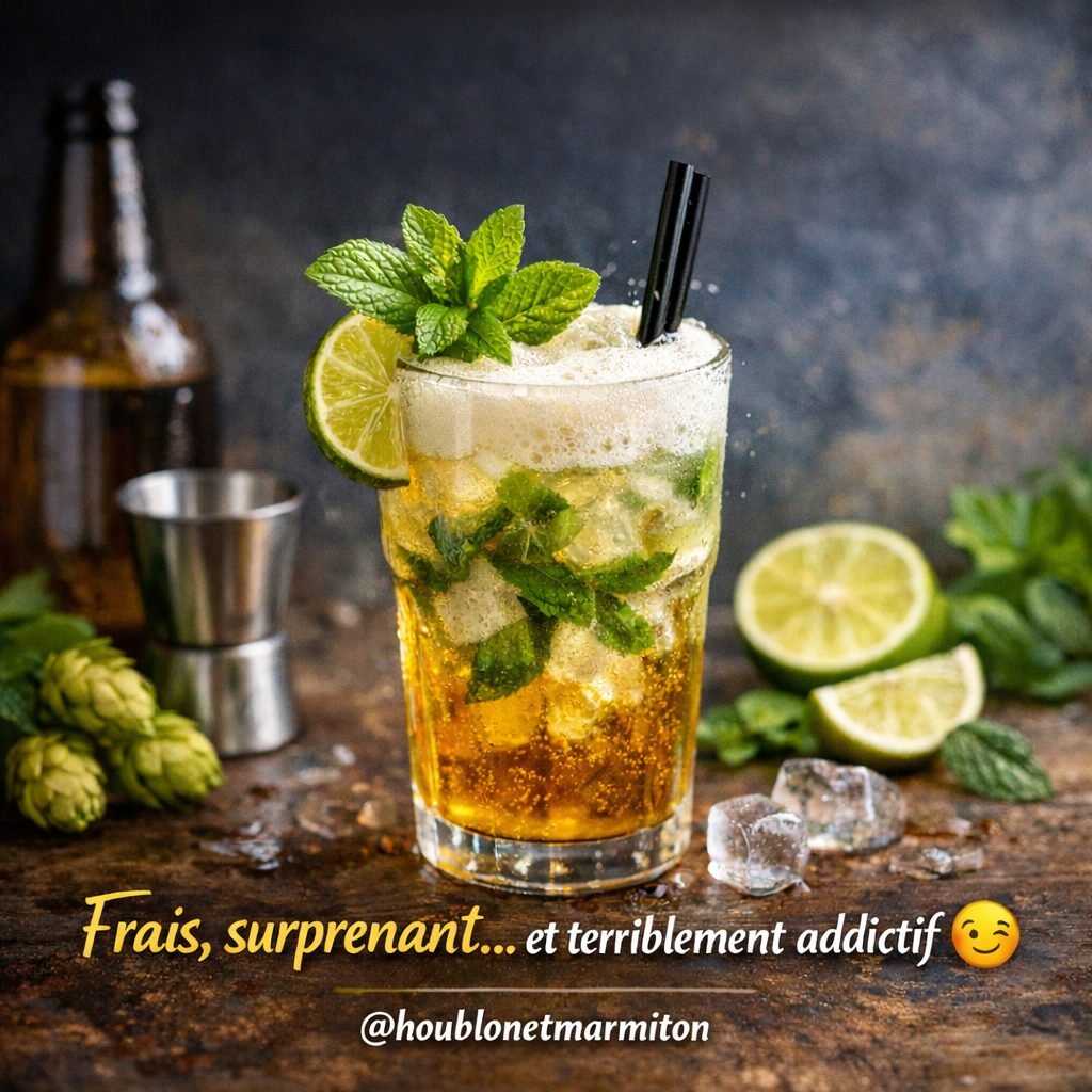 Beer mojito avec menthe fraîche, citron vert et bière blonde dans un grand verre