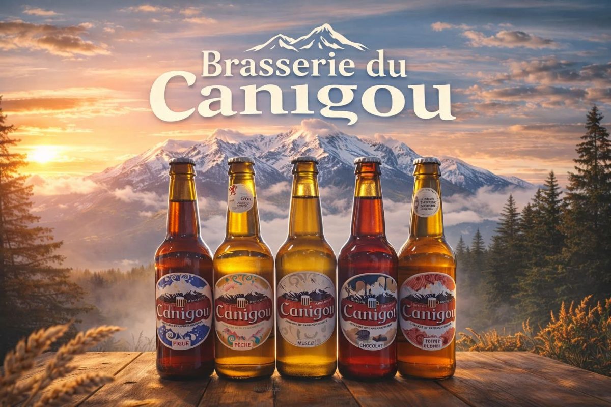 Les 5 bières de la Brasserie du Canigou devant le massif du Canigou au coucher de soleil