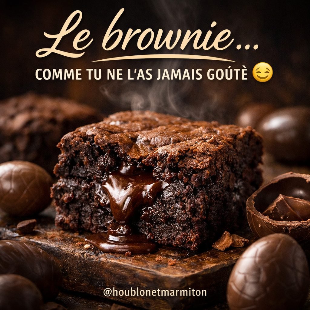 Brownie chocolat stout fondant au cœur, entouré d'œufs de chocolat sur planche en bois