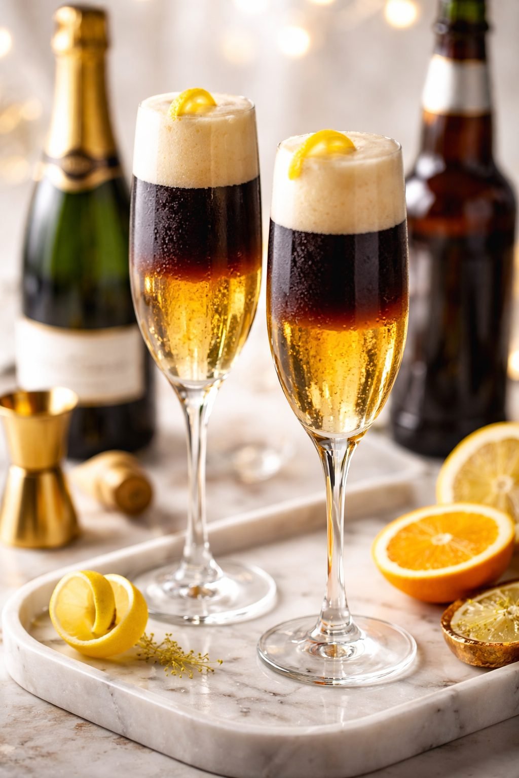 Cocktail Houblon Royal — flûtes champagne et bière stout avec zeste d'orange