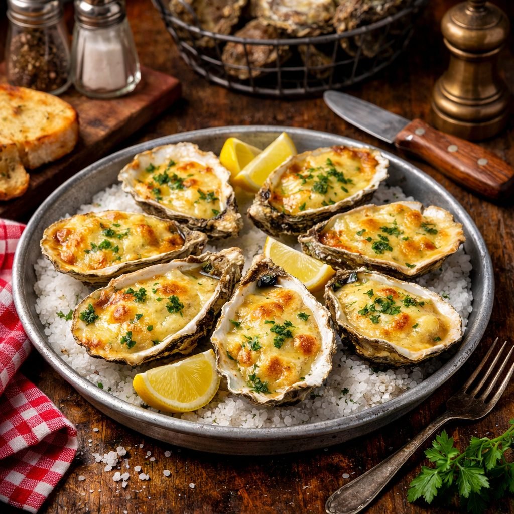 Huîtres gratinées dorées sur lit de sel avec citron et persil