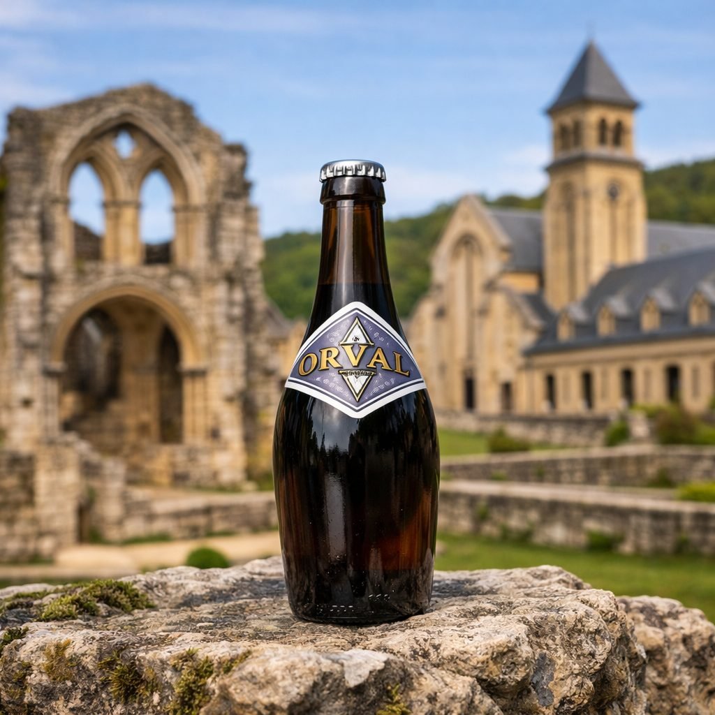 Bouteille de bière Orval devant les ruines de l'abbaye Notre-Dame d'Orval