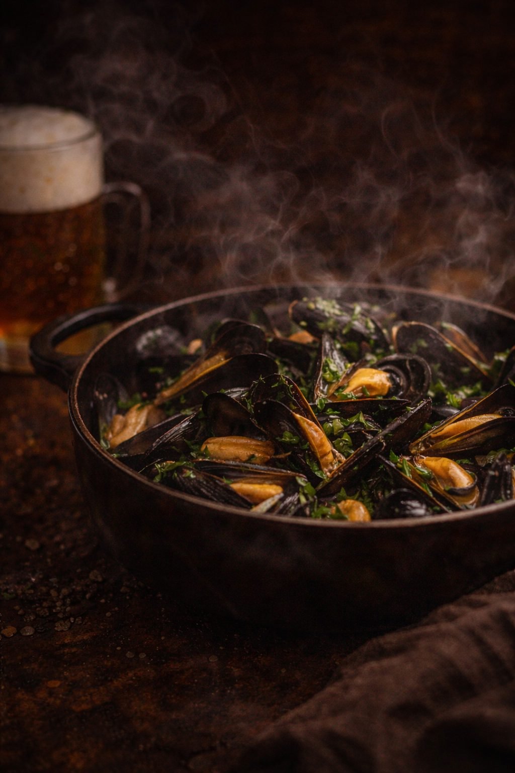Moules à la bière et herbes fraîches fumantes dans une cocotte
