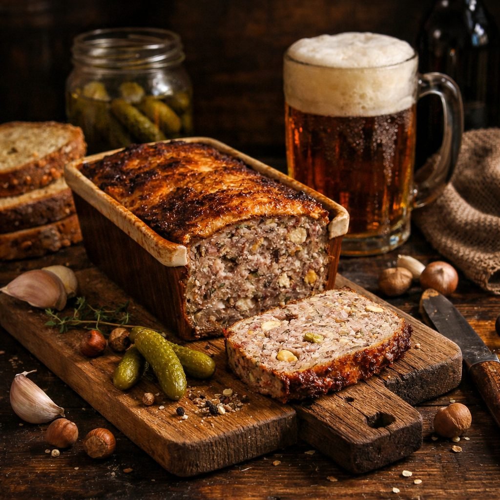Pâté à la bière tranché sur une planche en bois avec cornichons et bière ambrée
