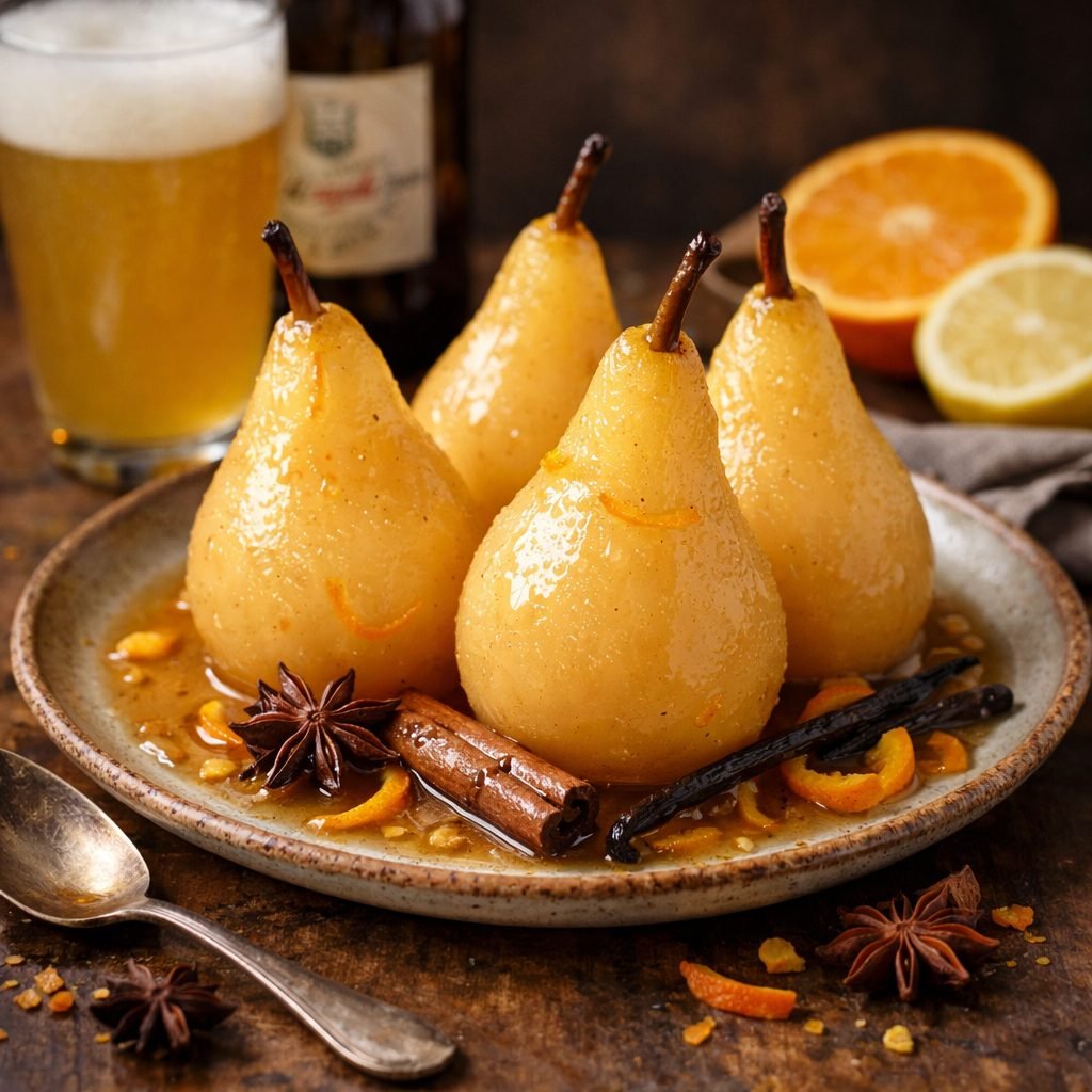 Poires pochées à la bière blanche avec cannelle, badiane et zestes d'orange
