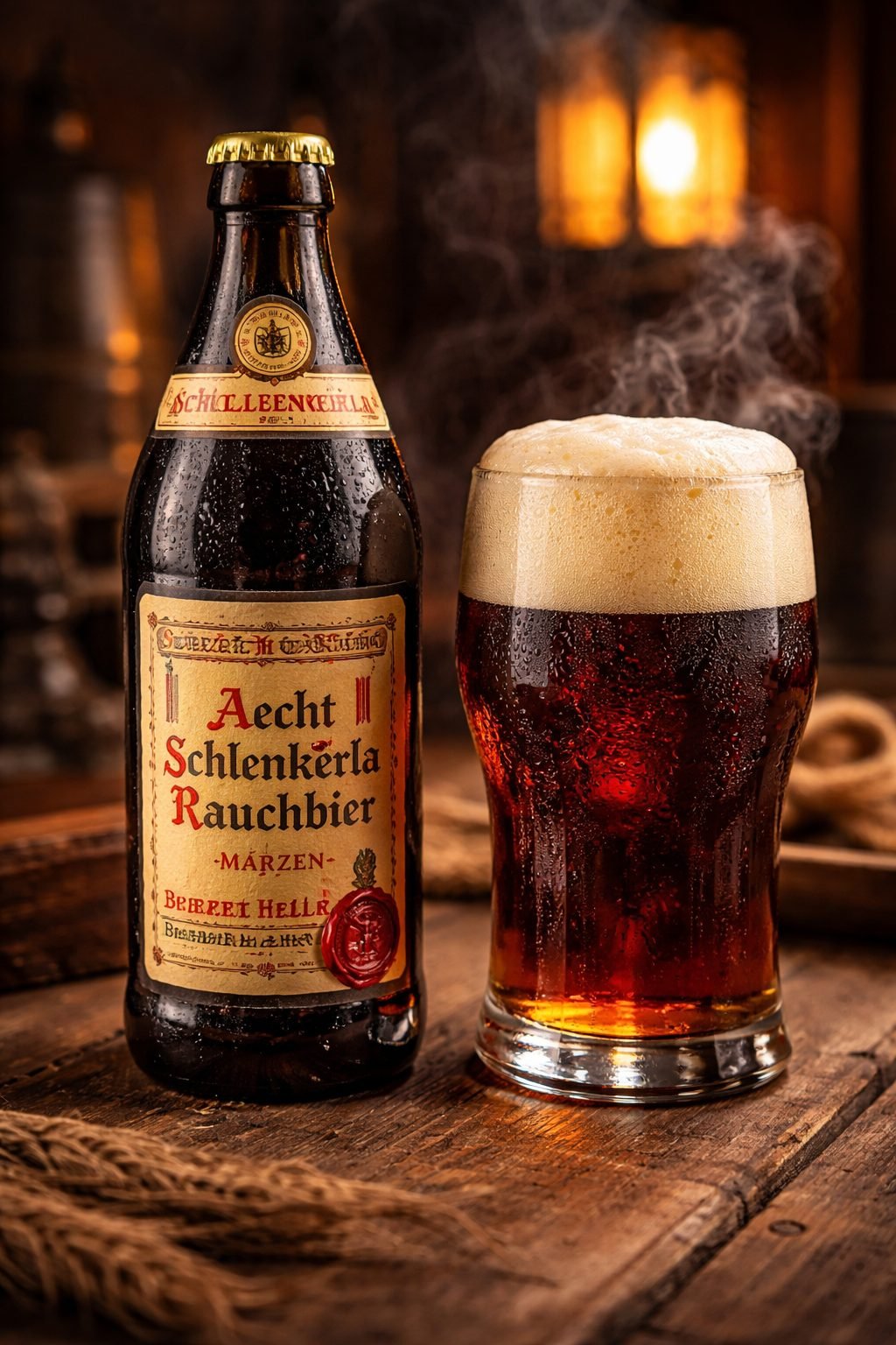 Bouteille Aecht Schlenkerla Rauchbier Märzen et verre de bière fumée