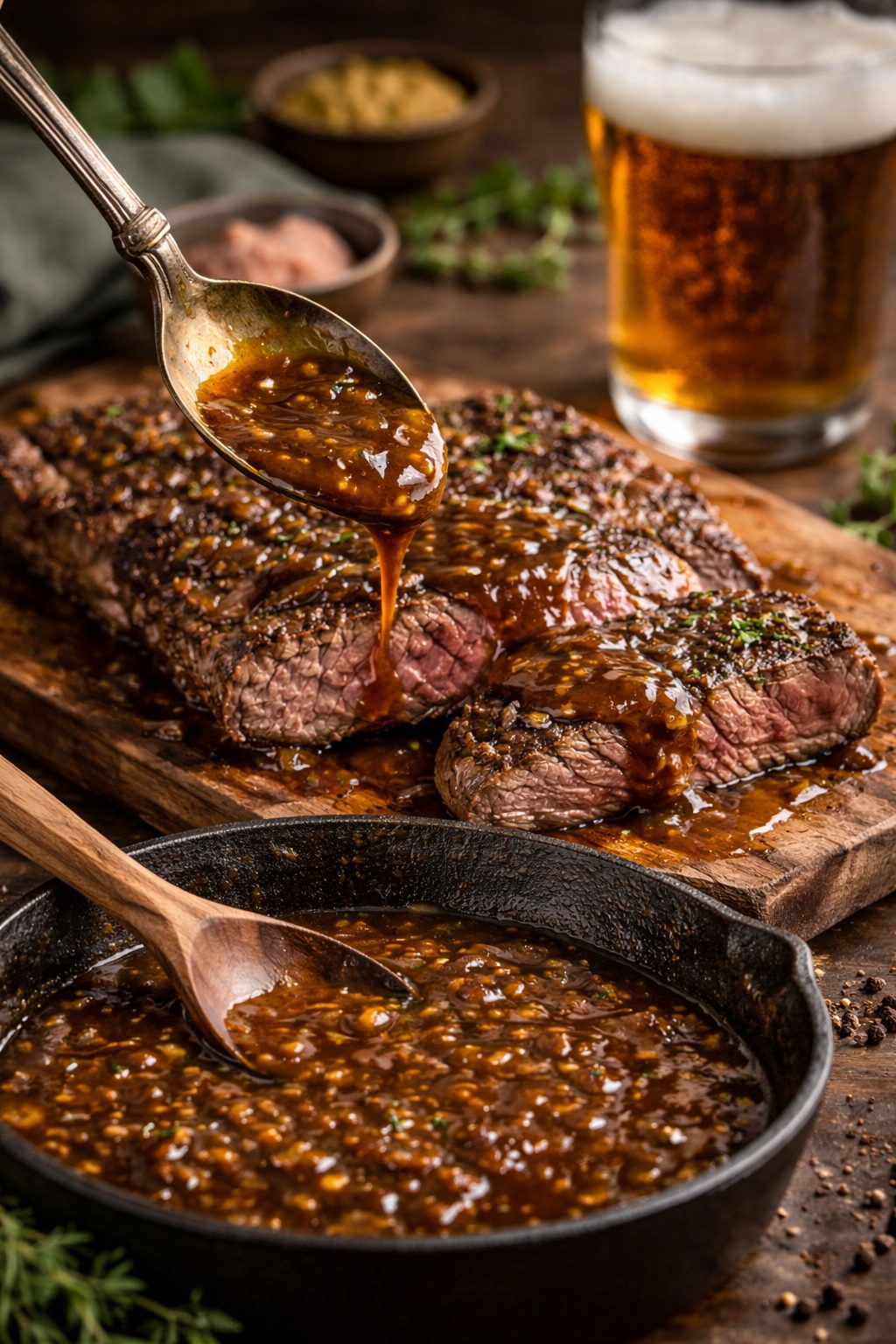 Sauce brune à la bière versée sur une viande grillée dans une poêle en fonte