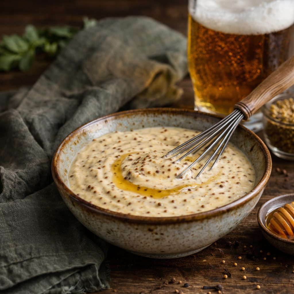 Sauce froide bière miel et moutarde à l'ancienne dans un bol en céramique avec fouet