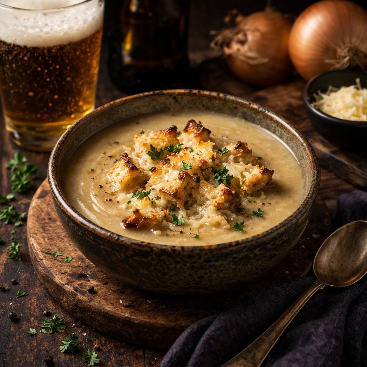 Soupe à l'oignon à la bière avec croûtons fromage gratiné