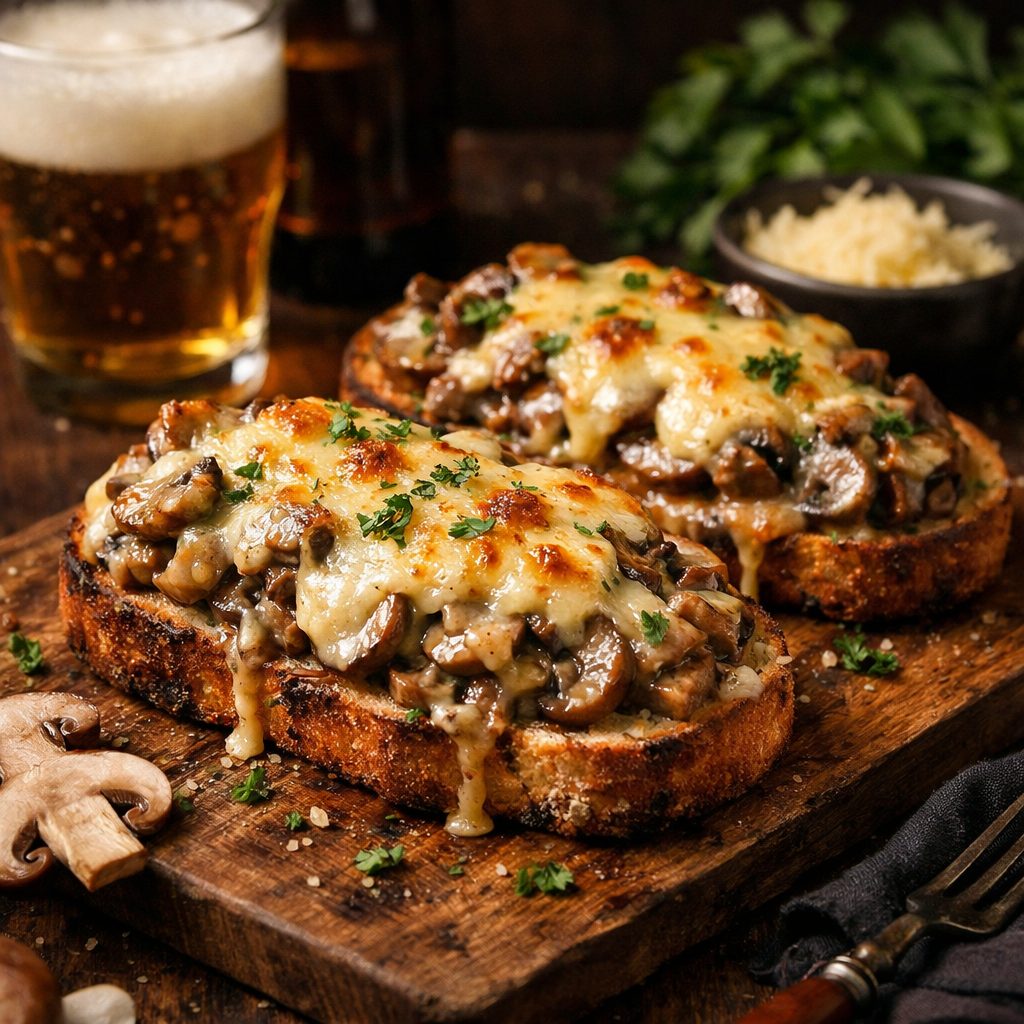 Tartines de champignons à la bière et fromage gratiné sur planche en bois