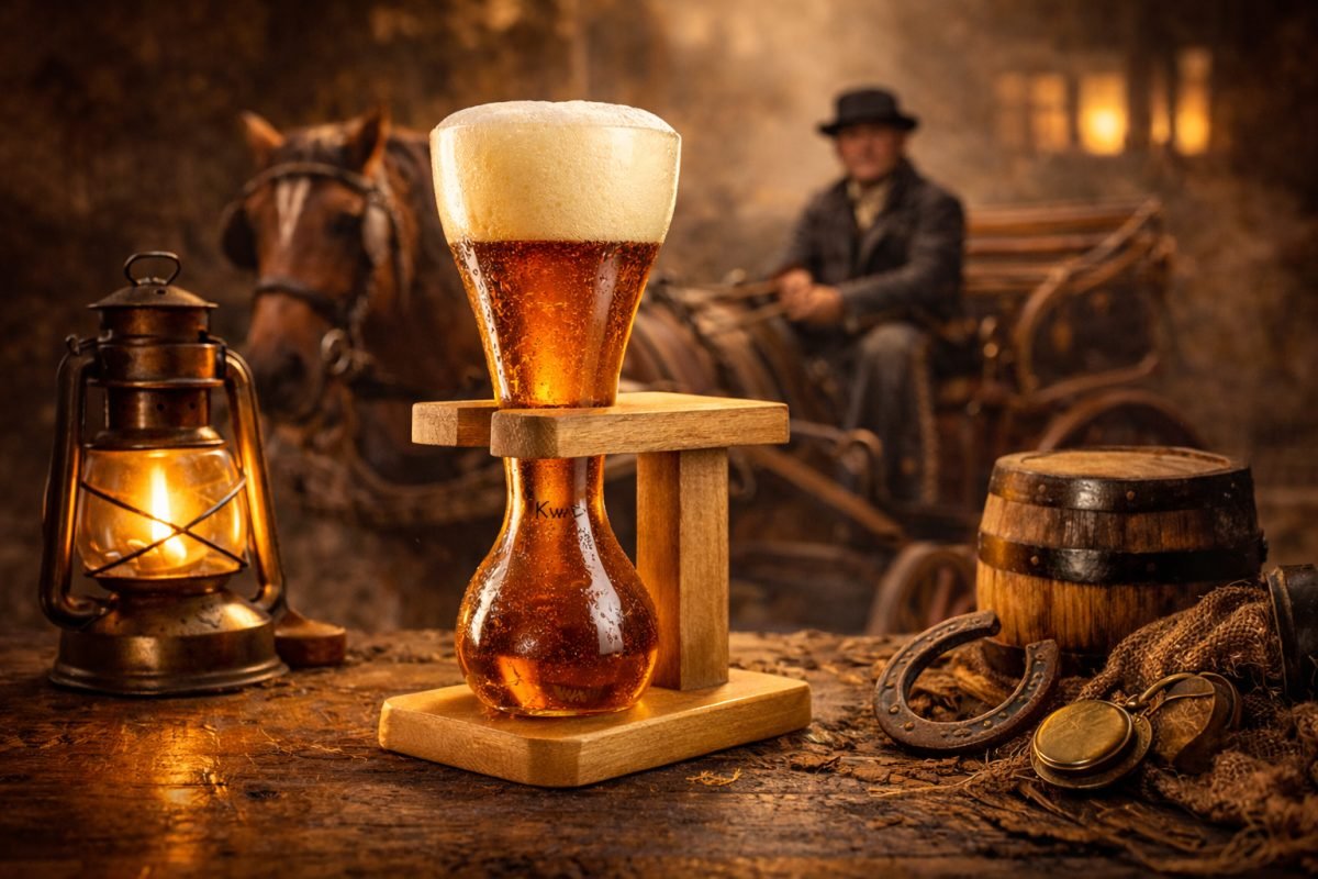 Le verre de Kwak sur son support en bois — cocher et calèche en arrière-plan — atmosphère XIXe siècle