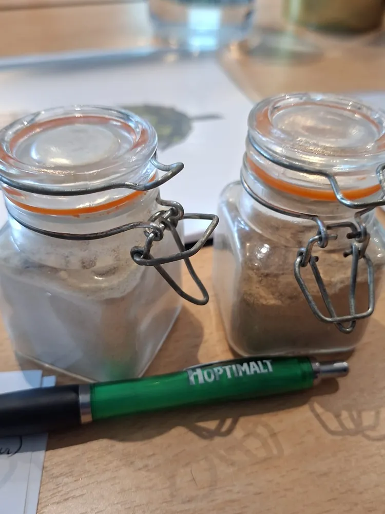 Deux petits bocaux de poudres aromatiques et un stylo Hoptimalt